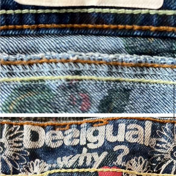DESIGUAL BLUE JEANS FLORAL RED FLOWERS PRINTS ON DENIM BOHO THE WOW 2ND FIT 32 - Picture 2 of 3